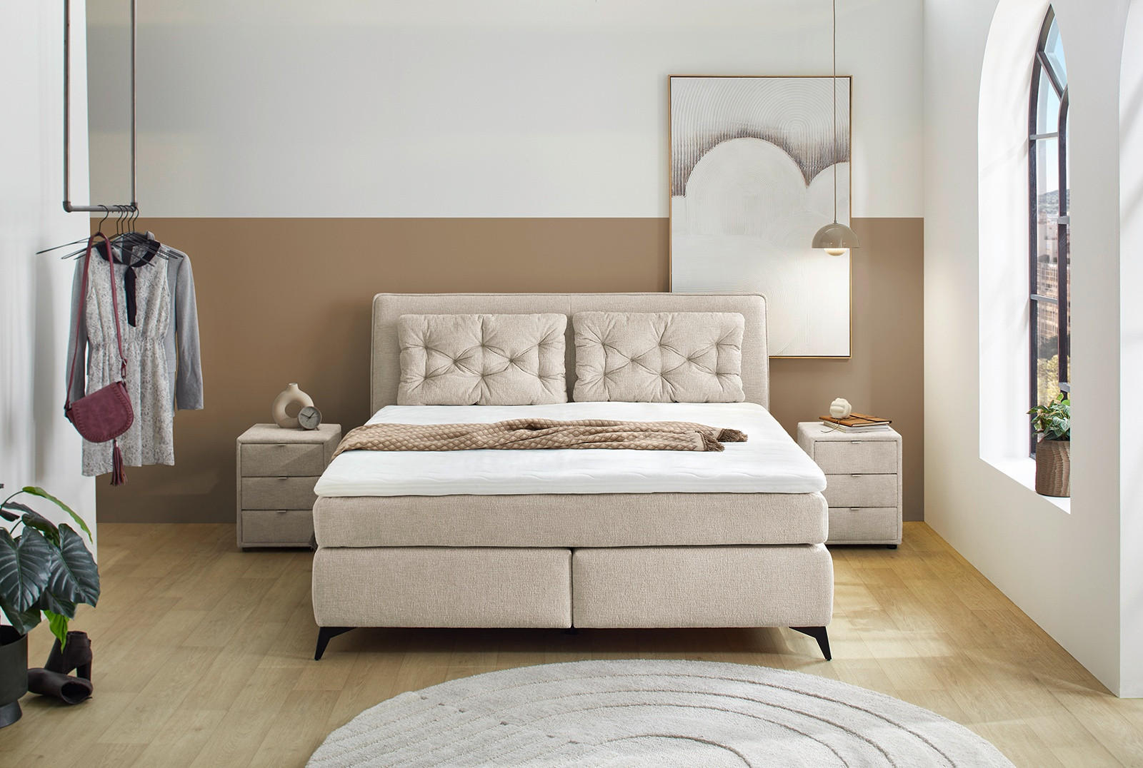 BOXSPRINGBETT 180x200 cm mit Bonell-Wende-Federkernmatratzen H2/H3, Bonell-Federkernpolsterung, PU-Schaum-Topper, 2 Kissen, Chenille Beige / 20030 - Beige/Schwarz, Textil/Metall (180/200cm) - luma-home