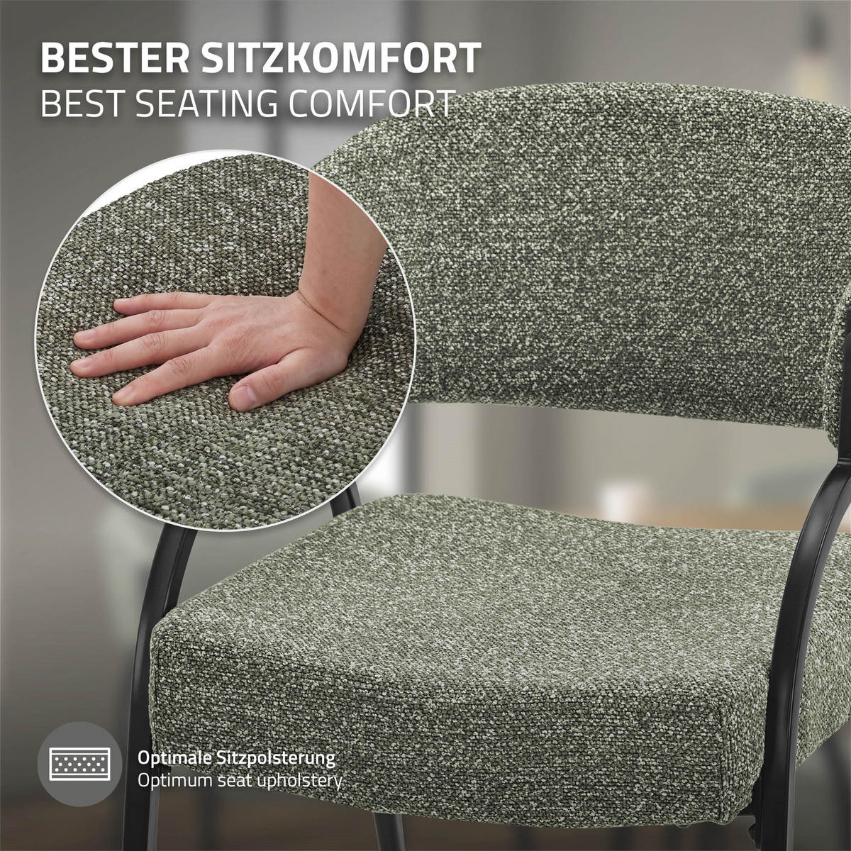 ESSZIMMERSTUHL 2er Set Küchenstühle gepolstert mit Webstoff-Bezug und Arm- und Rückenlehne Grün - Schwarz/Grün, Textil/Metall (54/81/65cm) - ML-DESIGN