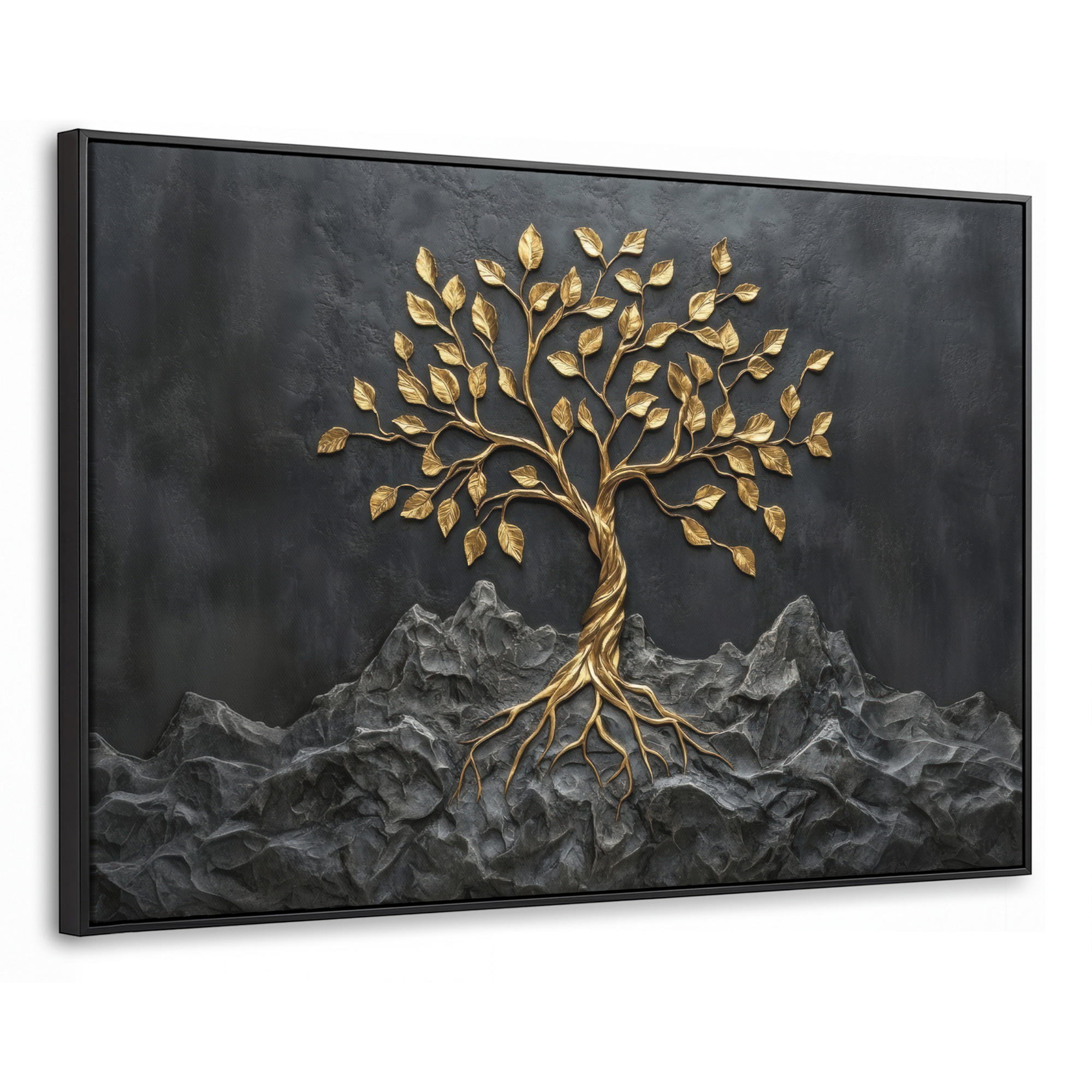 LEINWAND Bilder mit Rahmen - Blätter - Gold - Baum - Fels - 140x90 - Schwarz, Textil (140/90cm) - MuchoWow