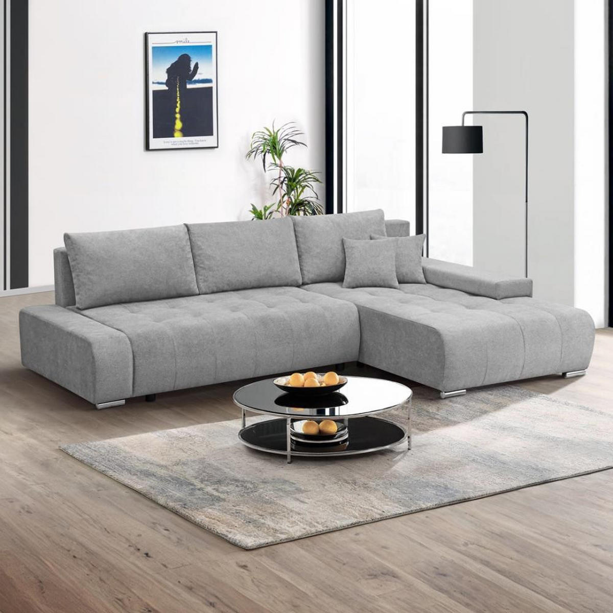 ECKSOFA Draco L hellgrau rechts - Chromfarben/Hellgrau, Textil/Metall (267/186cm) - Beautysofa