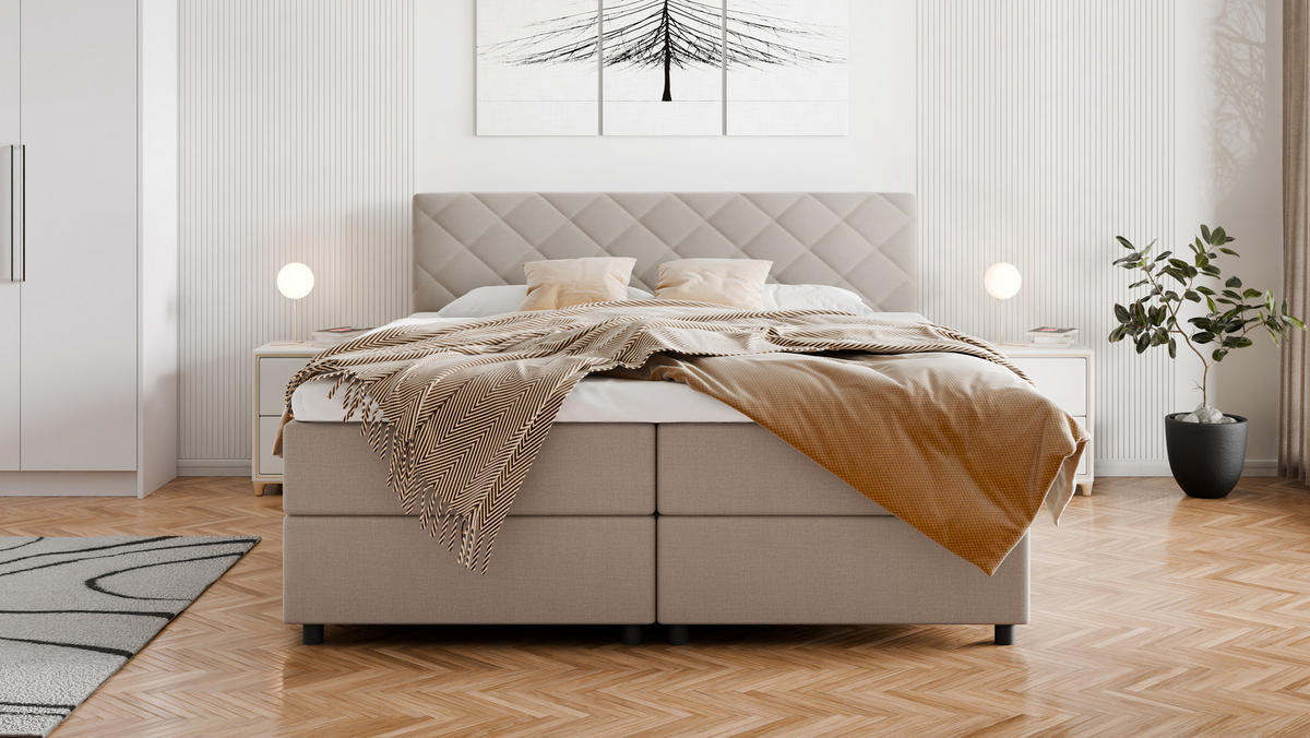 BOXBETT Diamaro 180x200 cm mit Bettkasten und Topper - Dunkelbeige - Beige, Holz (180/200cm) - Panda Möbel