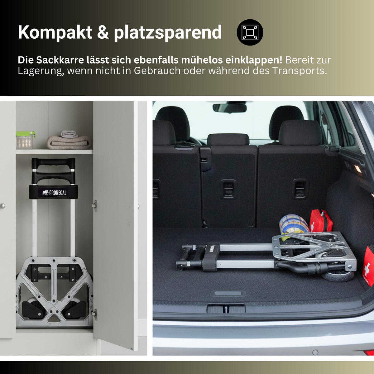 SACKKARRE Elephant klappbar 110x39x42cm Traglast 70kg AluminiumrahmenTRR Fachgummiräder Schwarz - Schwarz, Metall (42/39/110cm) - PROREGAL