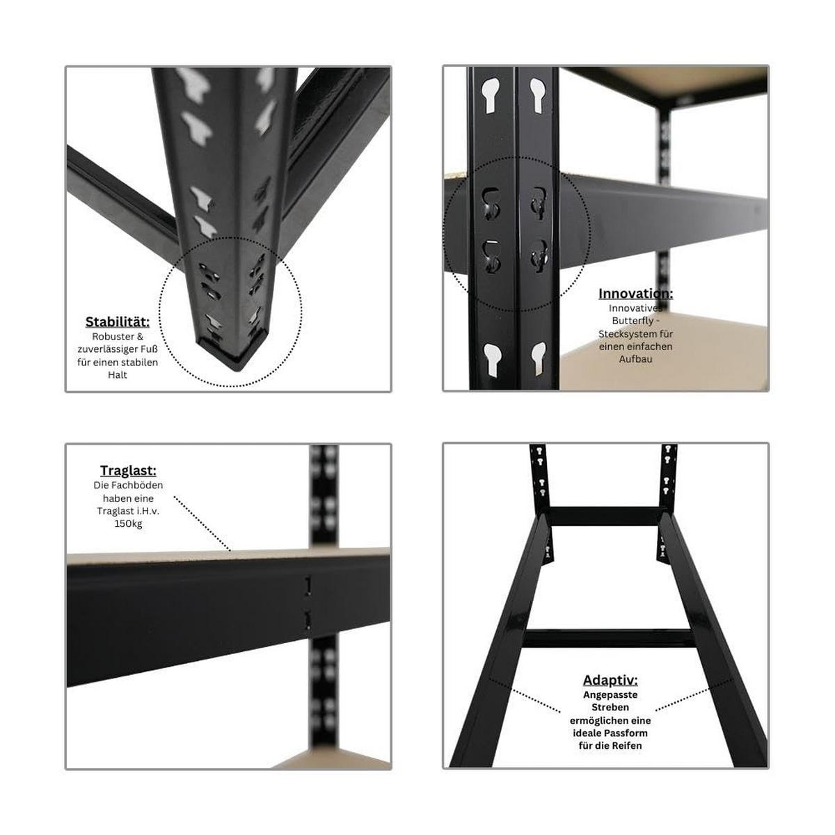 REIFENREGAL Tiger 3er-Set mit 3x 180x120x40 cm bis zu 18 Reifen mit 3 Fachboden Schwarz - Schwarz, Metall (360/180/40cm) - PROREGAL