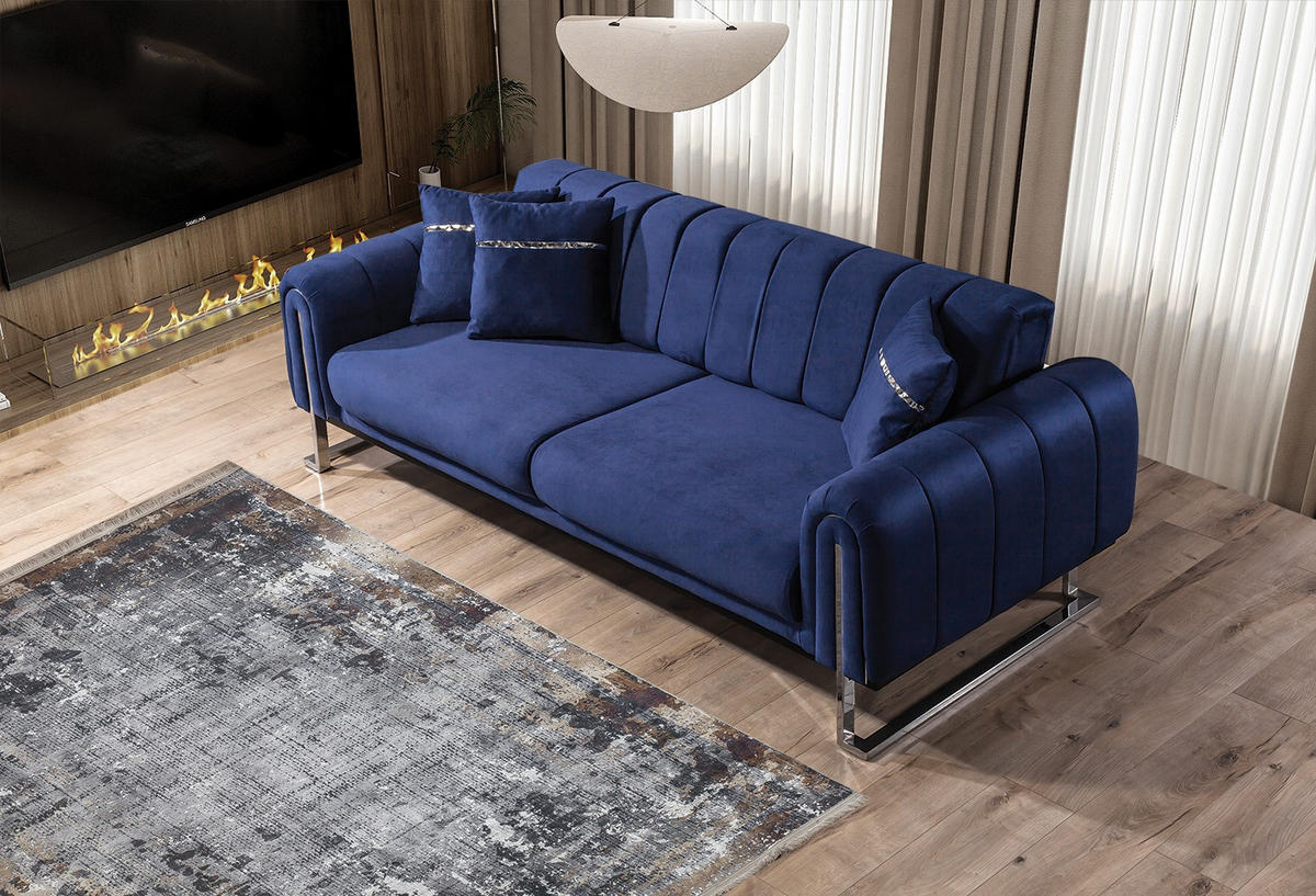 3 Sitzer SOFA Wave Samt Blau - Blau, Textil/Metall (225/78/95cm) - Villa Möbel