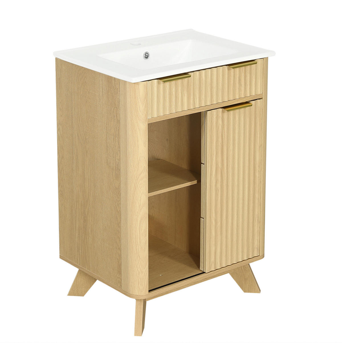 WASCHTISCHKOMMODE aus MDF und Keramik 61x47x90 cm Naturholz mit Schiebetür, 3 Schubladen und Keramikwaschbecken - Eichefarben, Keramik (61/90/47cm) - Modfu