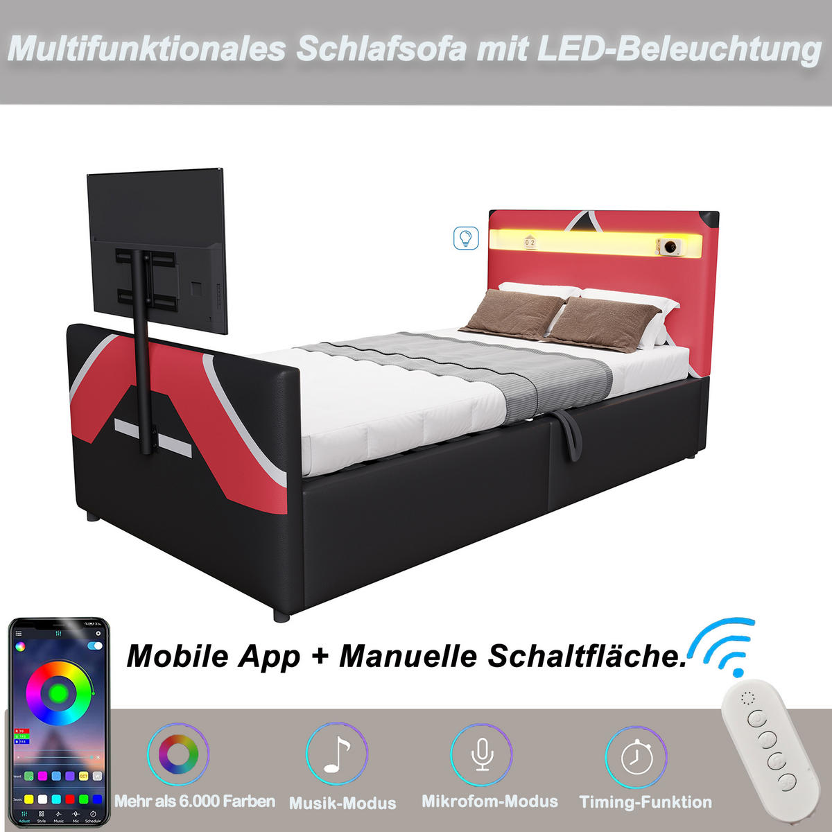 POLSTERBETT 90/200 cm Schwarz mit LED-Beleuchtung mit Stauraum und TV-Halterung PU-Leder - Schwarz, Kunststoff (90/200cm) - OKWISH
