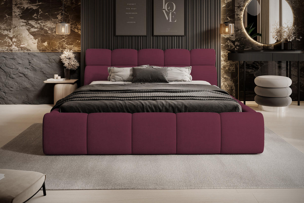 POLSTERBETT GIULIA, komfortabel, mit Bettkasten, verstellbarem Kopfteil und LED, 160x200x96 cm, Farbe Kastanie - Bordeaux/Schwarz, Holzwerkstoff/Kunststoff (160/200cm) - DomoHome