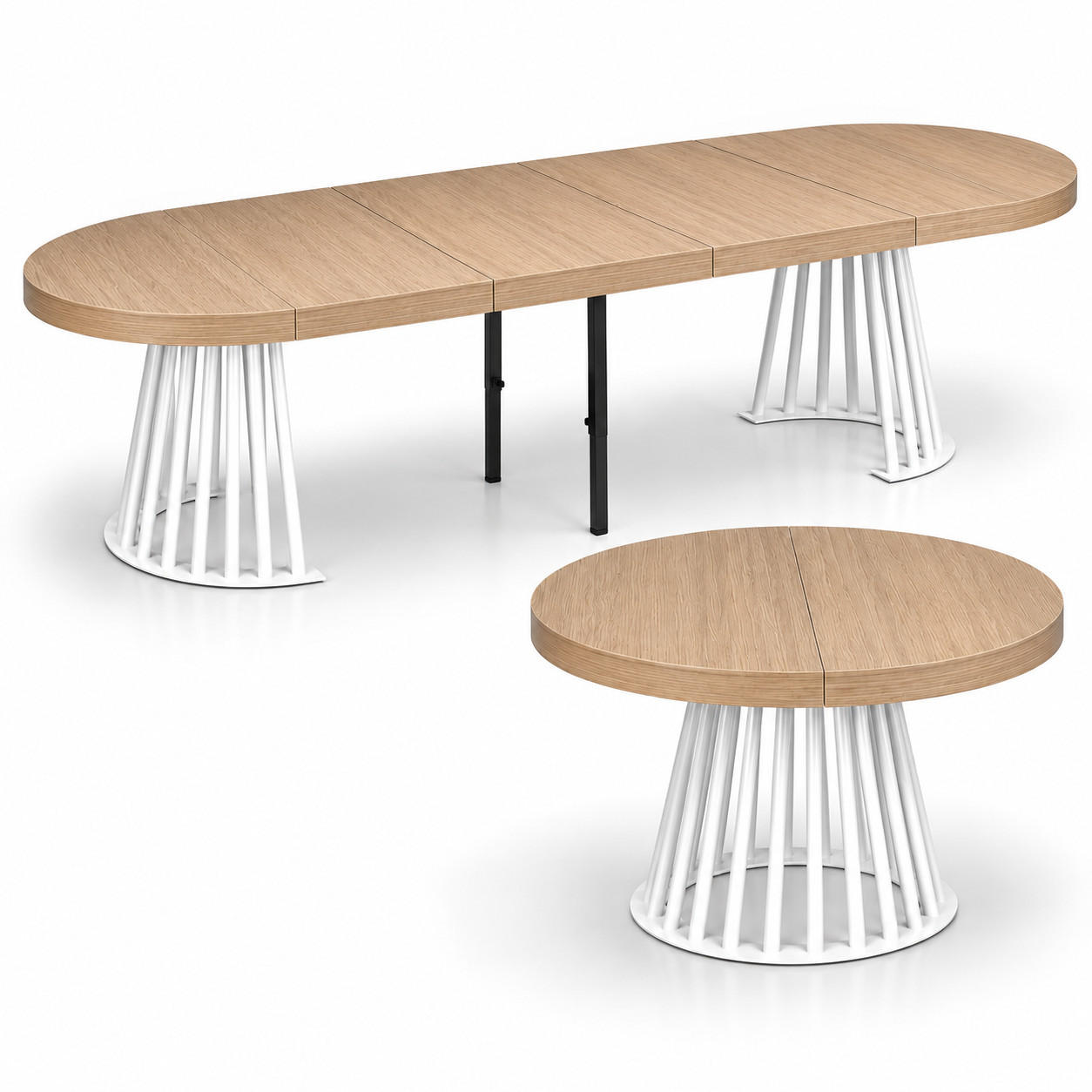 ESSTISCH rund ausziehbar 100/300/76 cm, Hellbraun Eiche Hikora Egger, 54 cm Tischplatte + Lamellen-Metallgestell Weiß - Hellbraun/Eichefarben, Holzwerkstoff/Metall (100/300/76cm) - Damale Möbel