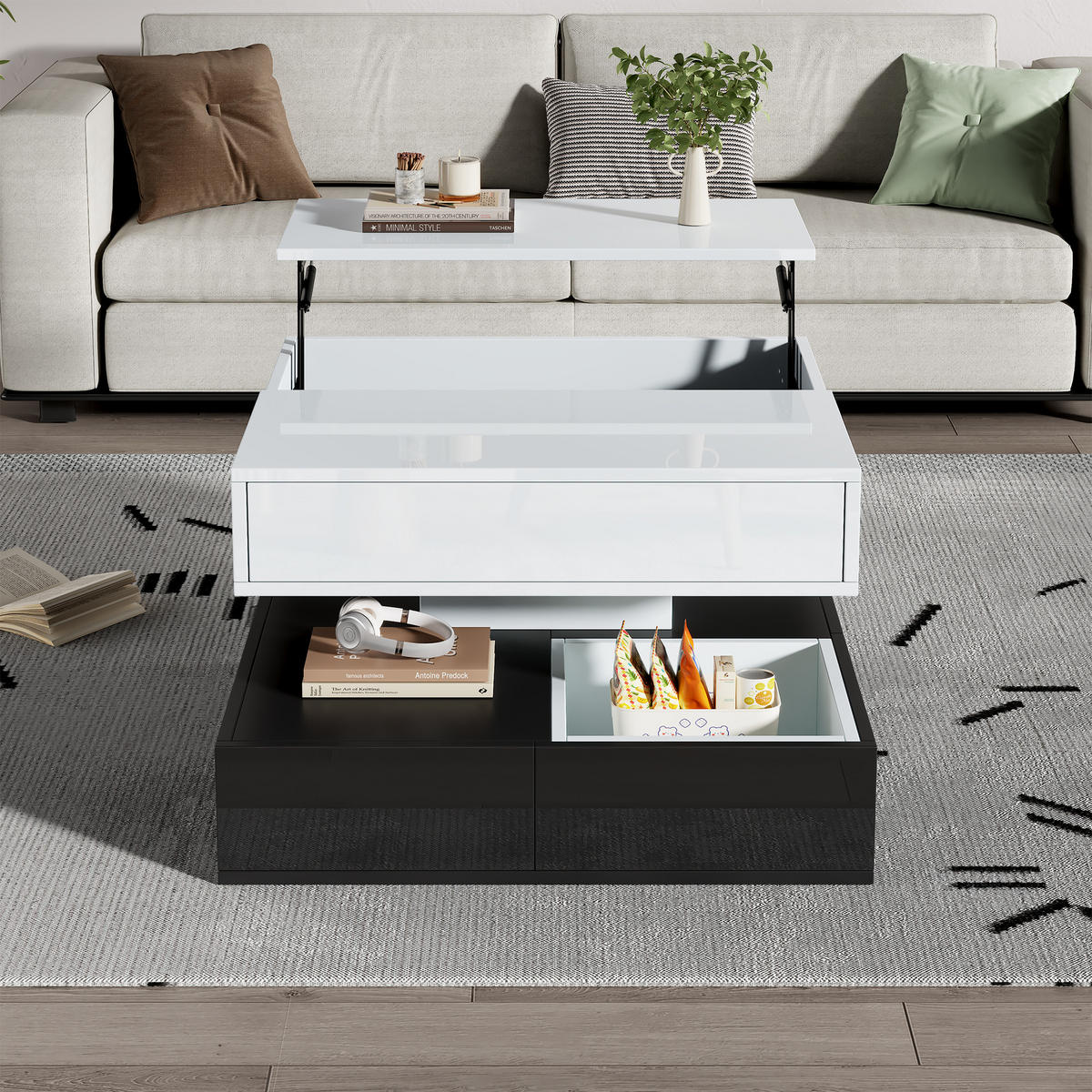 COUCHTISCH 70/70cm mit drehbarer Tischplatte 3 Schubladen in Hochglanz Schwarz-Weiß - Weiß, Holzwerkstoff (70/70/40cm) - OKWISH