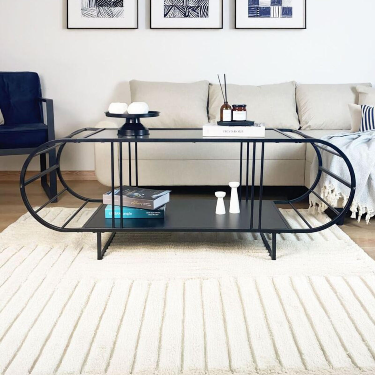 COUCHTISCH mit glasplatte, metall und atlantik-kiefer-optik 50/145/47 cm - Schwarz, Holzwerkstoff (13/50/47cm) - Calicosy