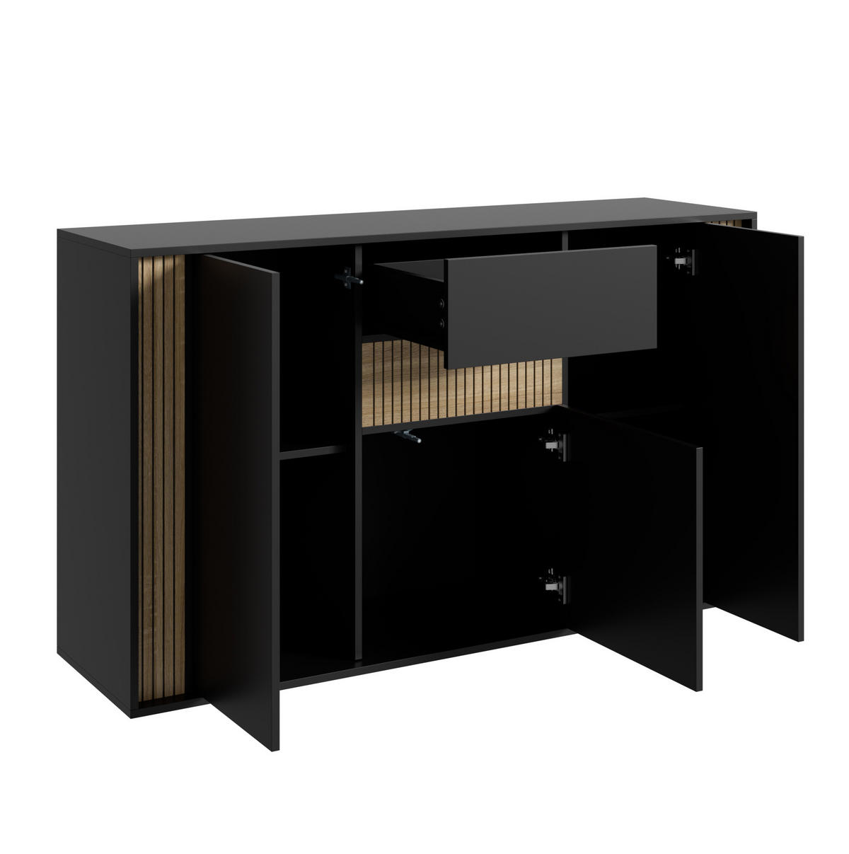 SIDEBOARD in Schwarz und Natur 140x40x82 cm mit 3 Türen, Schublade und verstellbarer LED-Beleuchtung - Schwarz, Holzwerkstoff (40/82/140cm) - IVMEU
