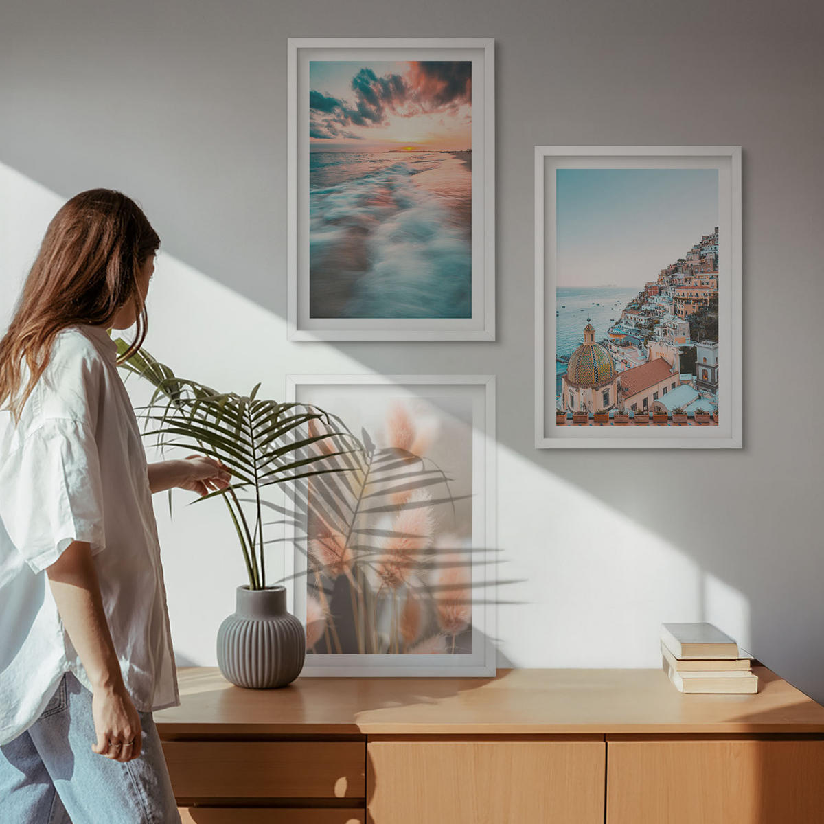 WANDBILDER 3er-Set - 40x60 cm Weißer Rahmen - Sonnenuntergang am Meer, Häuser, Blumen - Weiß, Kunststoff (40/60cm) - ArtPrintCave