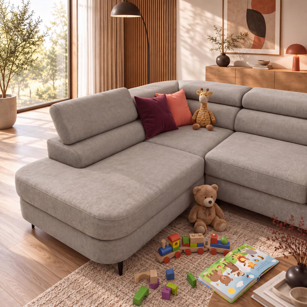 ECKSOFA U-Form PRIAM MAXI U Links mit Schlaffunktion 125x317 Velours Beige - Beige/Schwarz, Holz/Textil (203/91/400cm) - Muffo
