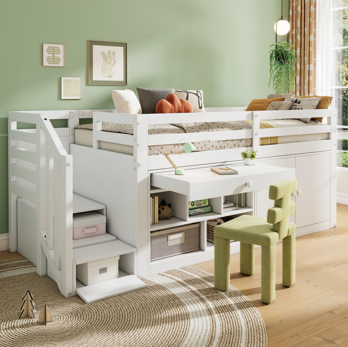 KINDERBETT 90/200 cm weiß aus Massivholz mit Treppe und Stauraum - Weiß, Holz (90/200cm) - OKWISH