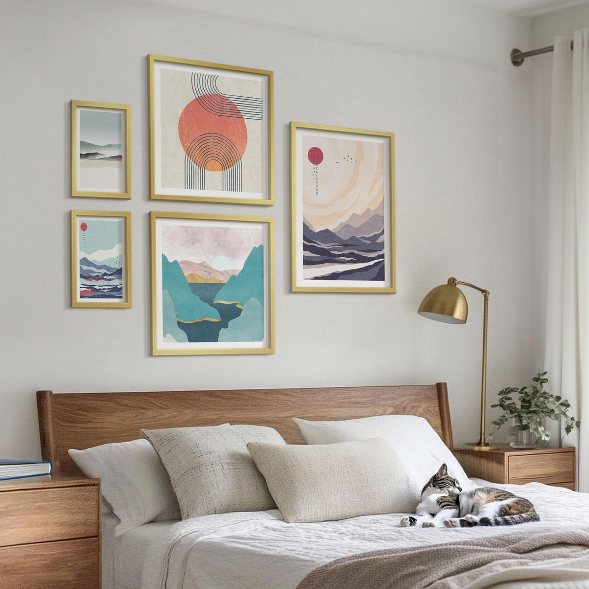 WANDBILDER 5er Set - 50x50 cm & 20x30 cm & 40x60 cm Goldrahmen - Farbenfrohe Muster der Japandi-Flussberge - Goldfarben, Kunststoff (40/60cm) - ArtPrintCave
