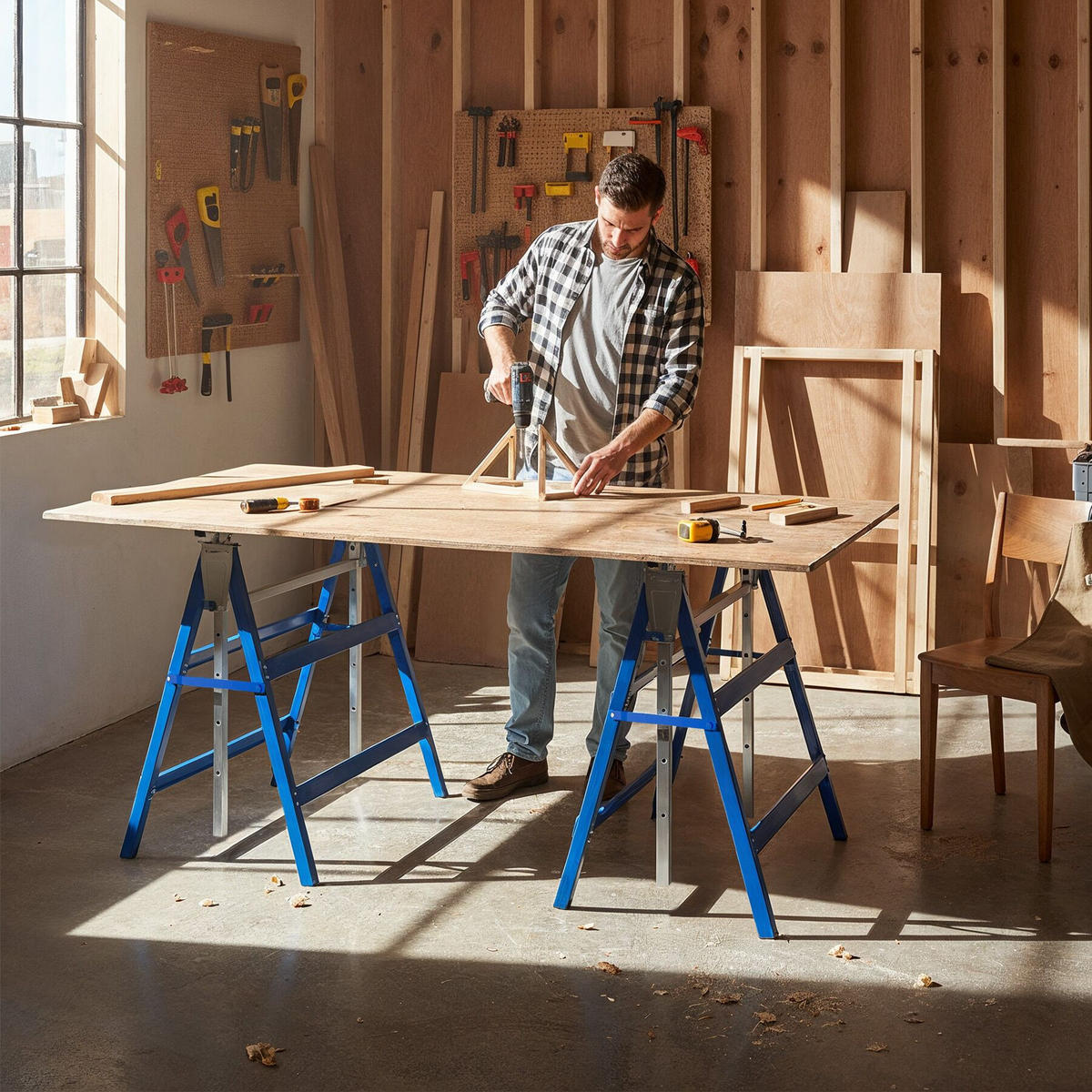 GERÜSTBOCK 2er Set, mit Sicherheitsspinden, blau - Blau, Metall (68.5/56.5/79.5cm) - tectake