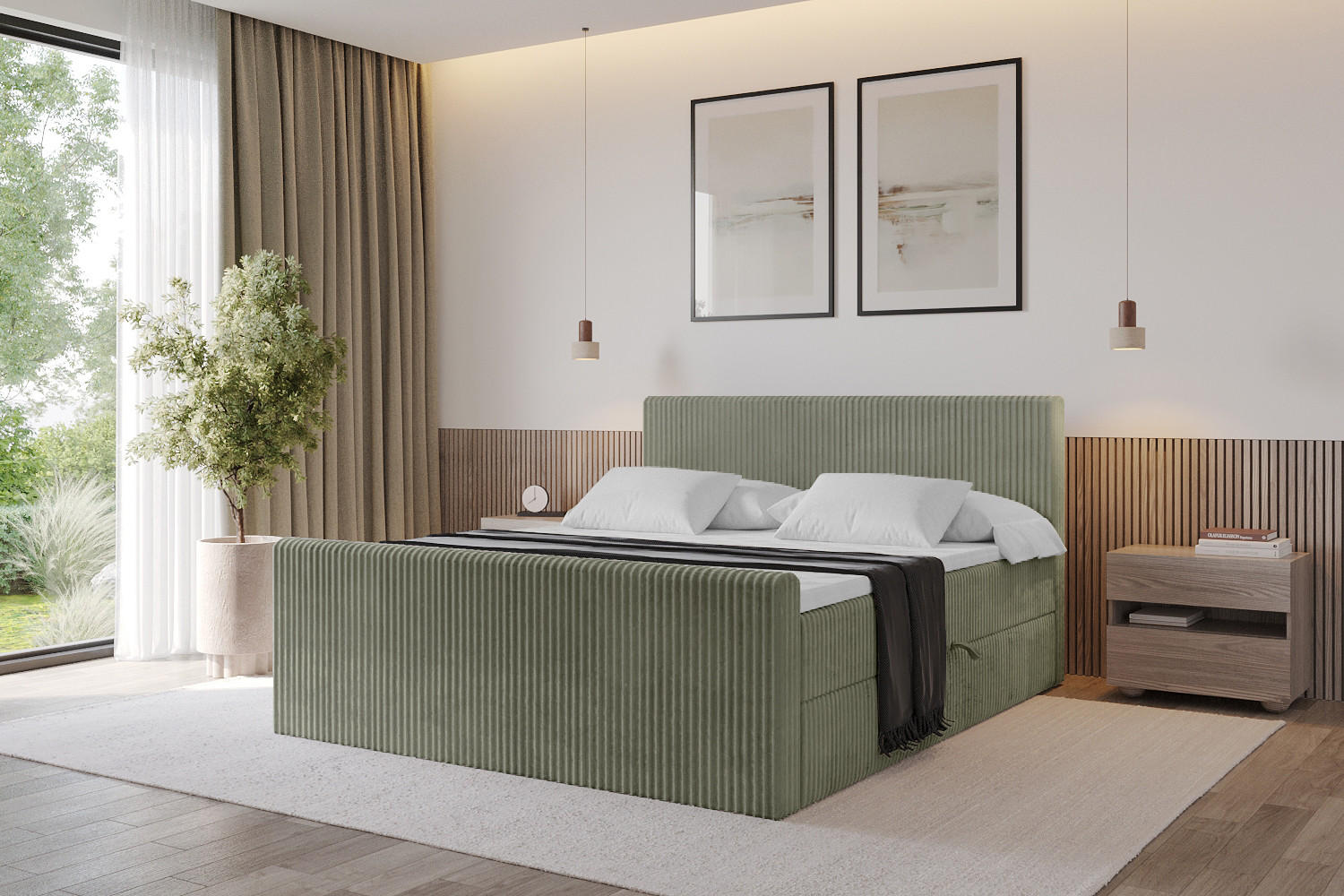 BOXBETT mit Matratze H3 und Lattenrost - TOLO-Z - 140x200 Cord - Olive - Olivgrün, Holzwerkstoff (140/200cm) - ALTDECOR