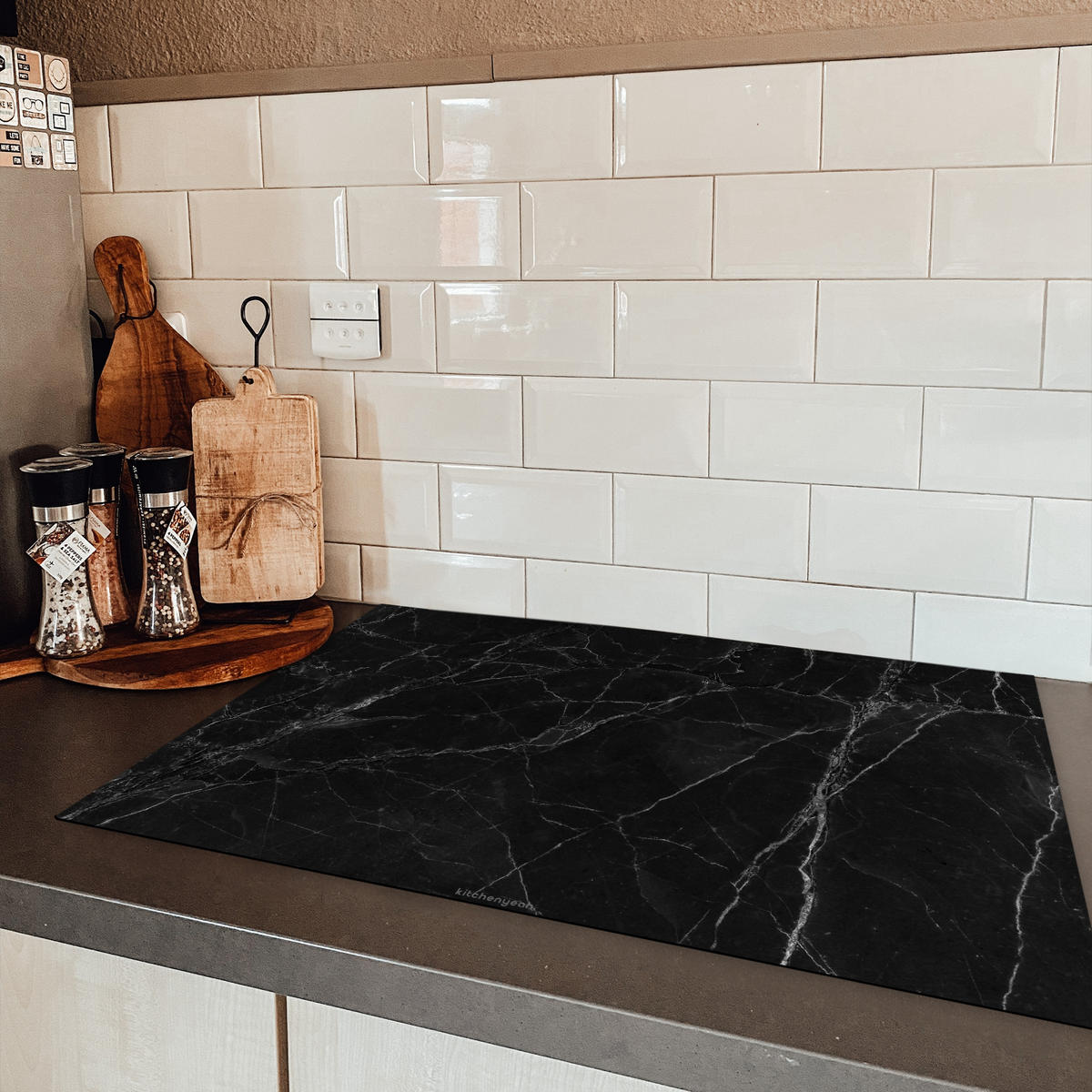 HERDABDECKPLATTE Schwarz - Marmor 78x52 cm - Schwarz, Kunststoff (78/0.2/52cm) - MuchoWow