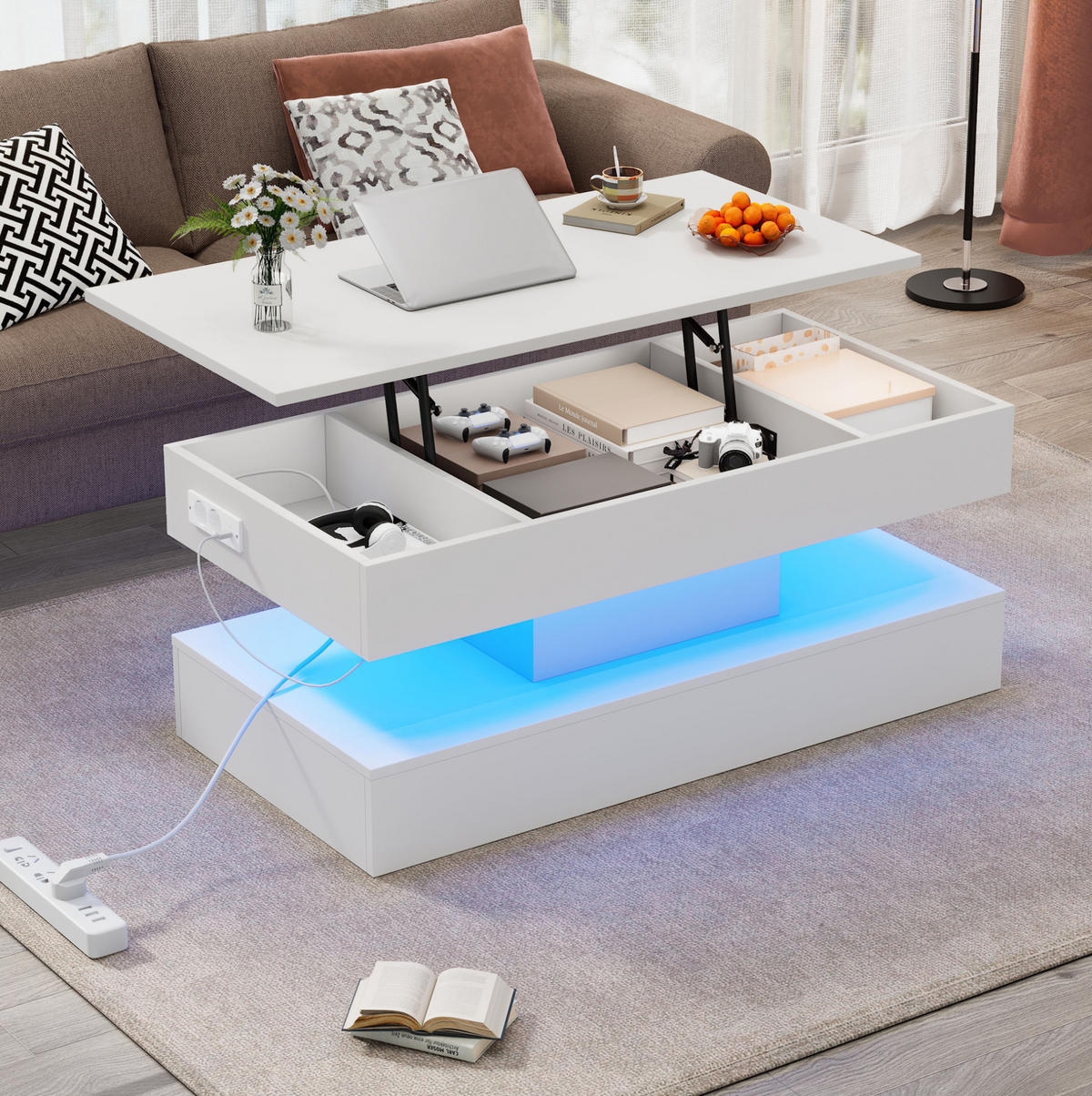 COUCHTISCH, höhenverstellbar mit LED, verstecktem Stauraum und integrierten EU‑Steckdosen, 100/50/42 cm, weiß - Weiß, Holzwerkstoff (100/50/42cm) - Redom