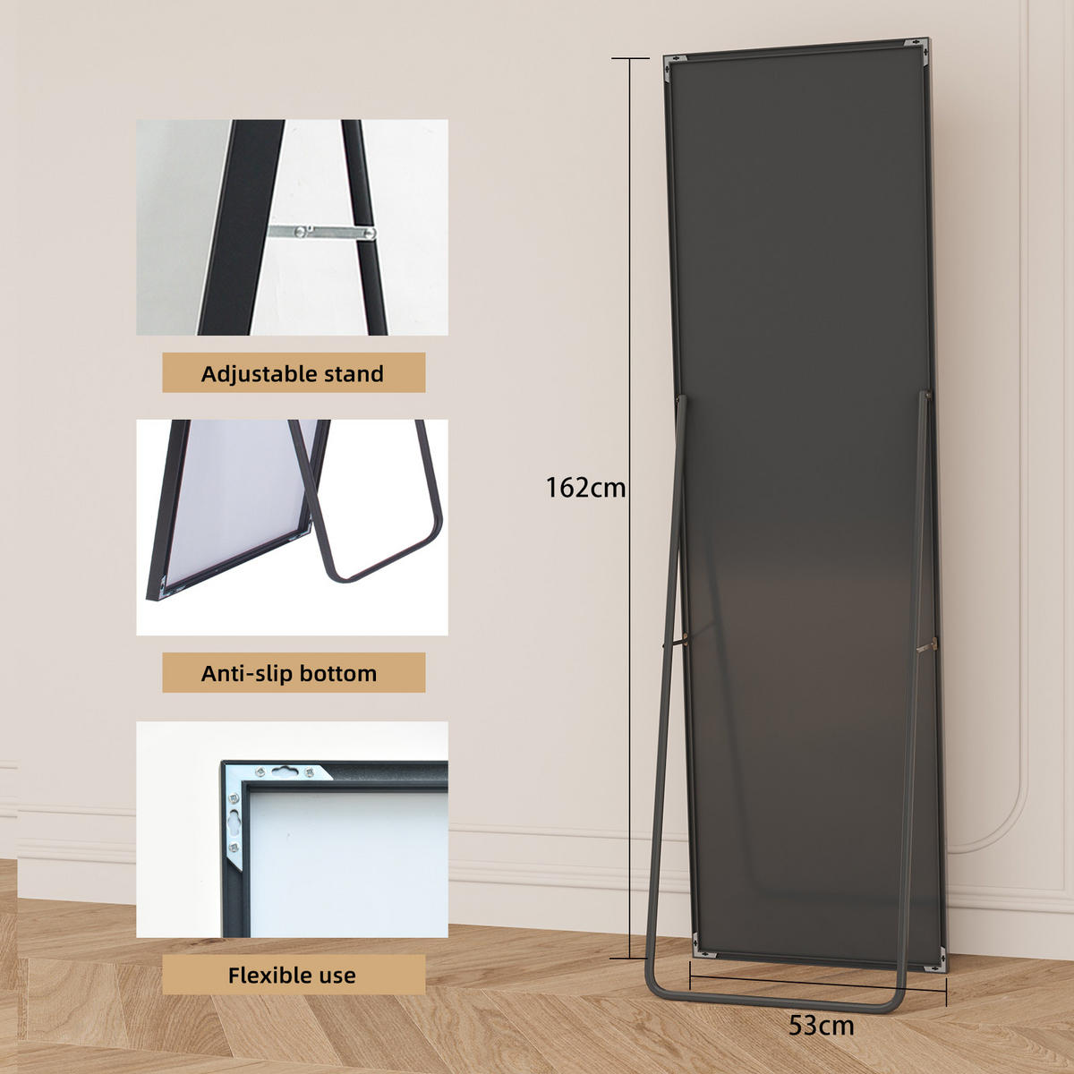 GANZKÖRPERSPIEGEL 53x162 cm, Rechteck, Aluminiumrahmen, verstellbarer Ständer, rutschfeste Basis, Schwarz - Schwarz, Metall (53/3/162cm) - BRILVERDE