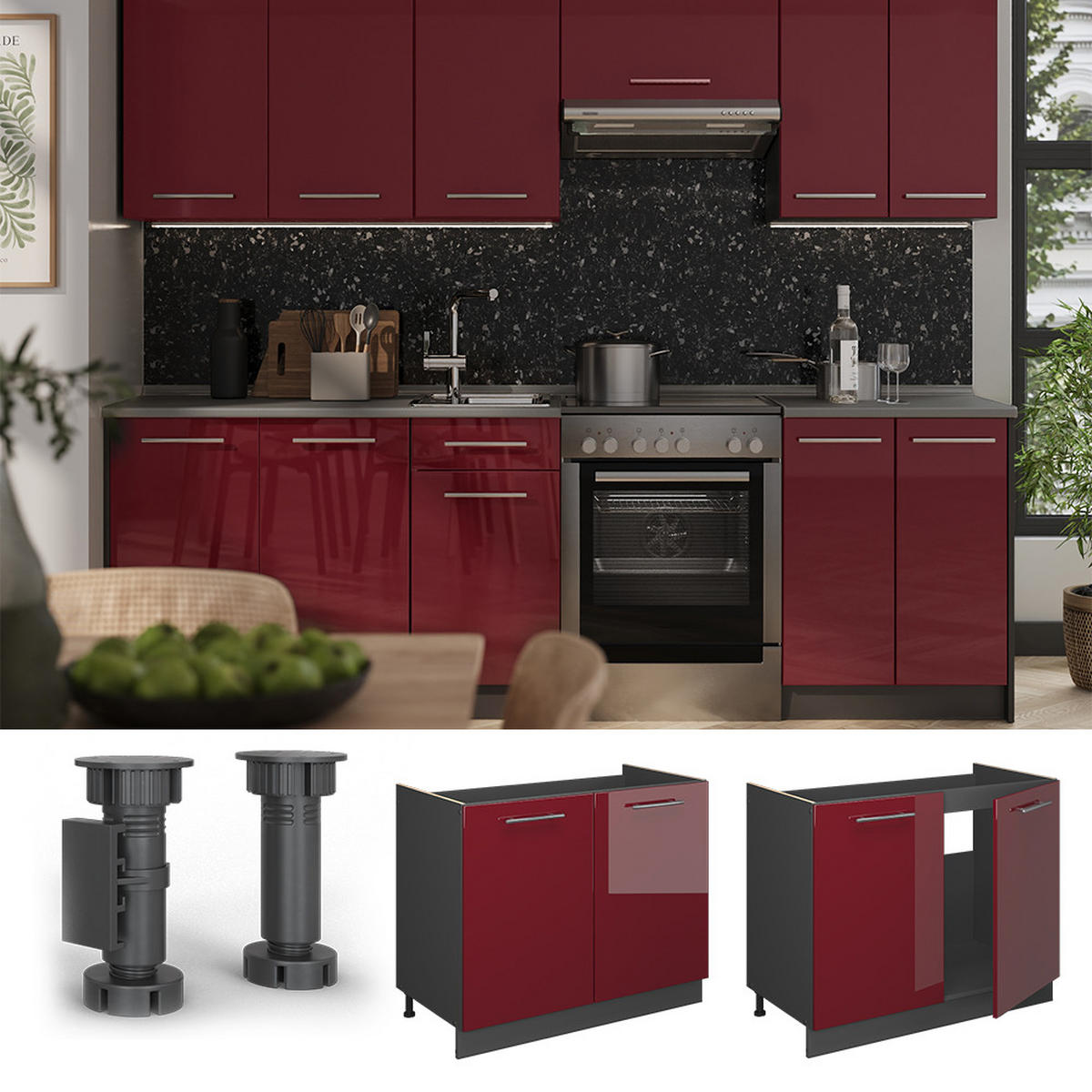 SPÜLENUNTERSCHRANK Fame-Line, Bordeaux Hochglanz/Anthrazit, 100 cm, AP Anthrazit - Bordeaux/Anthrazit, Holzwerkstoff (100/82/60cm) - Vicco