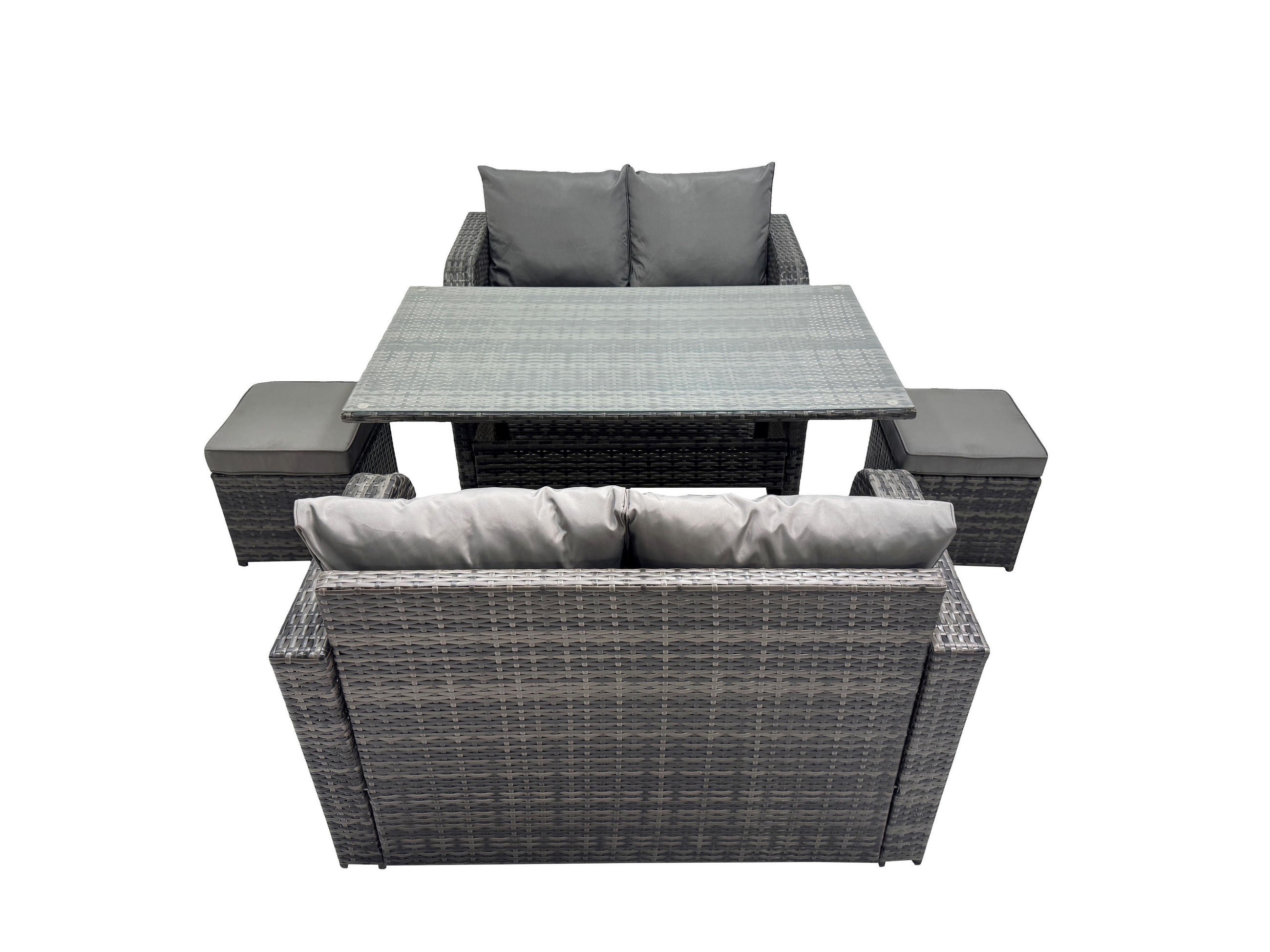 GARTENGARNITUR mit Zweisitzer Polyrattan Dunkelgrau 6-Sitzer - Dunkelgrau/Grau, Glas/Kunststoff - Fimous