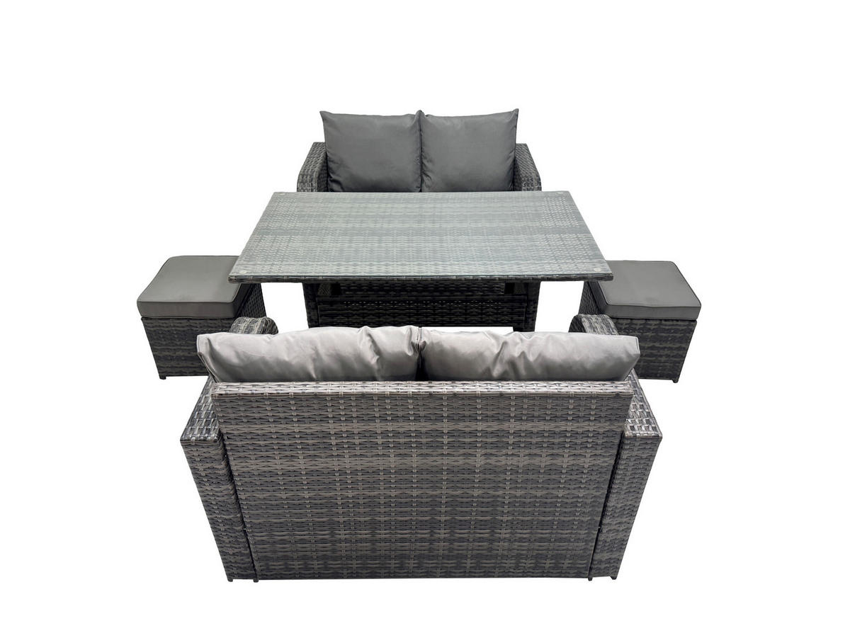 GARTENGARNITUR mit Zweisitzer Polyrattan Dunkelgrau 6-Sitzer - Dunkelgrau/Grau, Glas/Kunststoff - Fimous