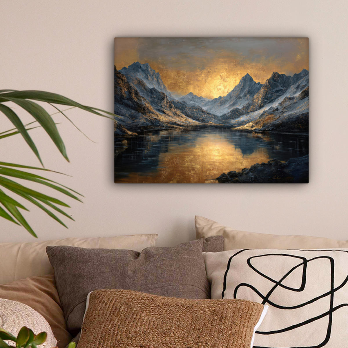 LEINWANDBILD Bergkulisse mit goldenem Sonnenuntergang Wandbild 40x30 cm - Goldfarben, Textil (40/30cm) - MuchoWow