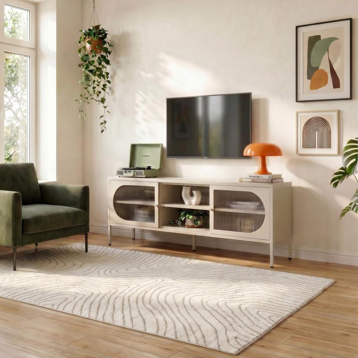 TV-LOWBOARD Industrielles aus beigem Metall, 160 cm, 2 Türen aus geriffeltem Glas - COME - Beige, Metall (160/60/40cm) - Sicaan