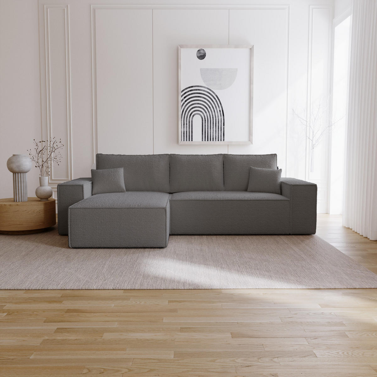 ECKSOFA Bouclé 280 cm Bergamo L mit Bettkasten, Schlaffunktion, Links - Dunkelgrau - Dunkelgrau, Holz (277/189cm) - Emporius
