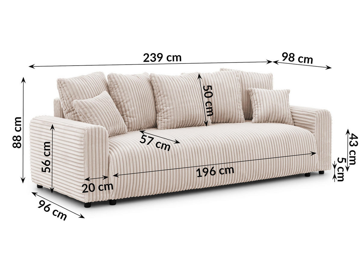 SCHLAFSOFA Calma mit Bettkasten im Bumpy-Design aus weichem Hellbeige Plüschcord - Beige/Schwarz, Holz/Kunststoff (239/88/98cm) - S-Style