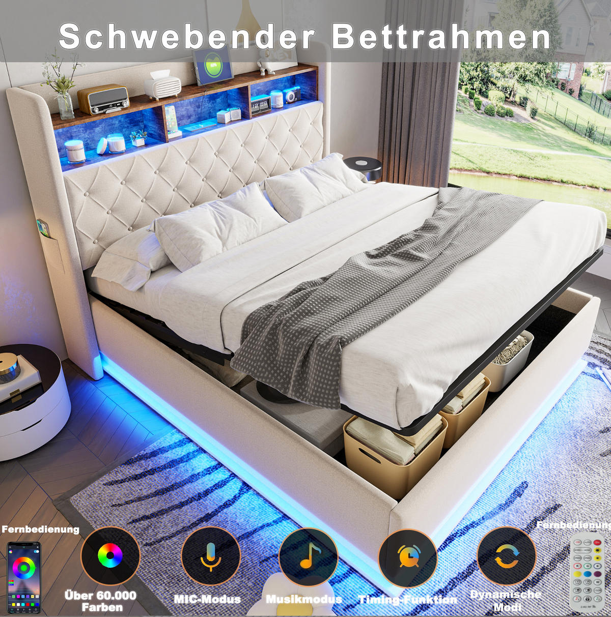 POLSTERBETT 180/200 cm Beige mit USB-Ladeanschluss und hydraulischem Stauraum - Beige, Textil (180/200cm) - OKWISH