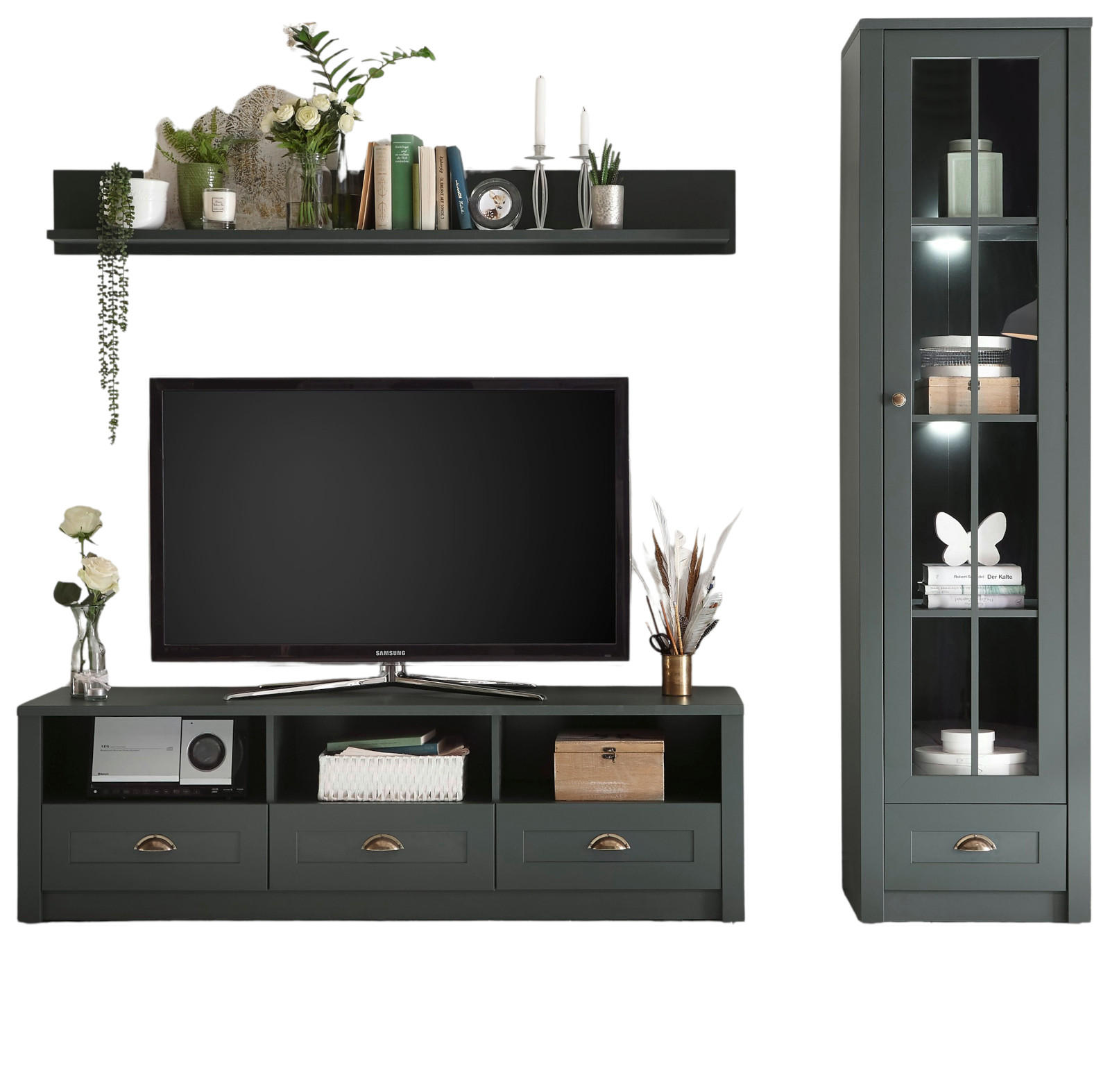 WOHNWAND grün 3-teilig 230 cm, Wohnkombination im Landhaus-Stil - Chromfarben/Schwarz, Glas/Holzwerkstoff (230/198/43cm) - Furn.Design
