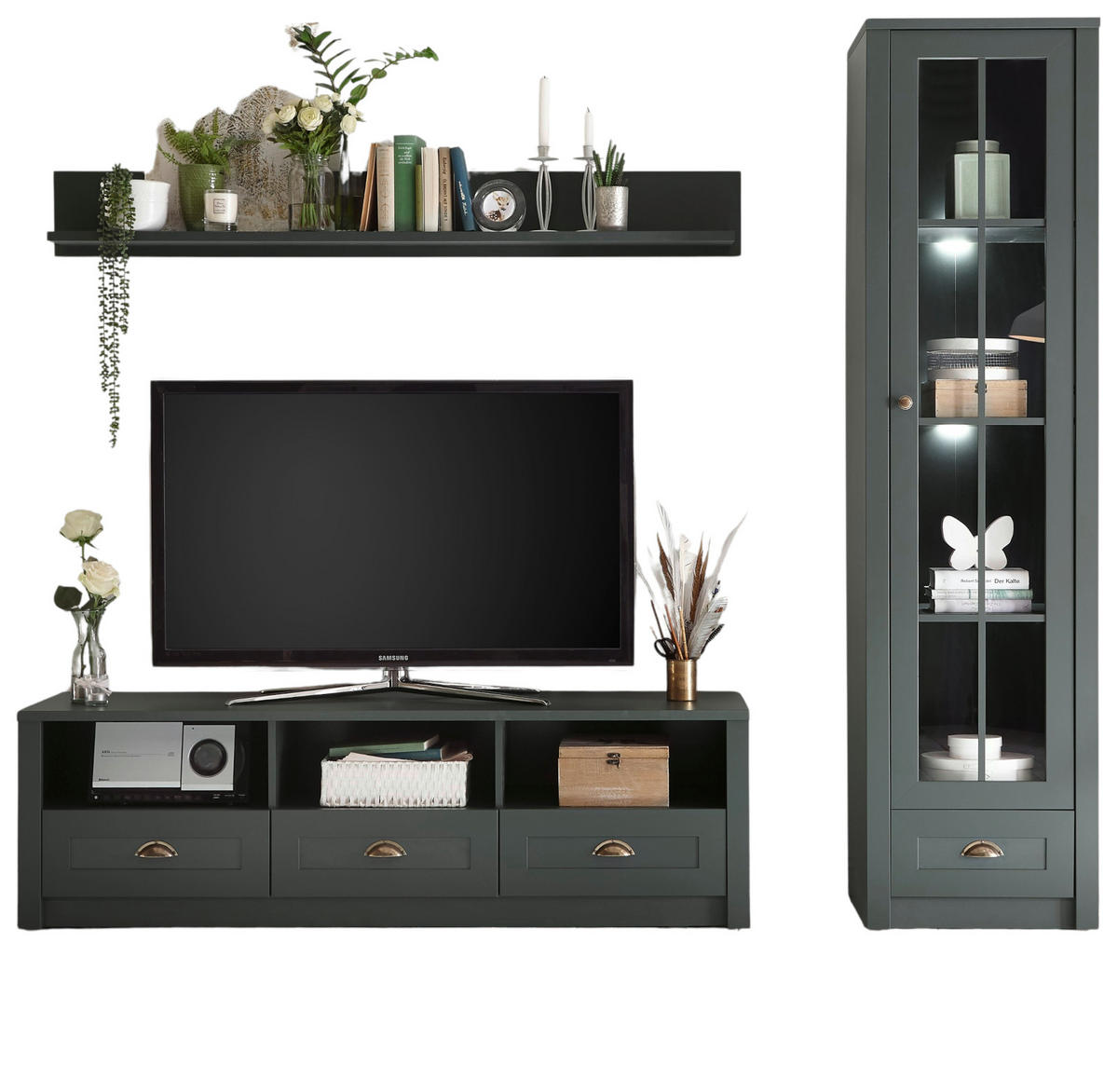 WOHNWAND grün 3-teilig 230 cm, Wohnkombination im Landhaus-Stil - Chromfarben/Schwarz, Glas/Holzwerkstoff (230/198/43cm) - Furn.Design