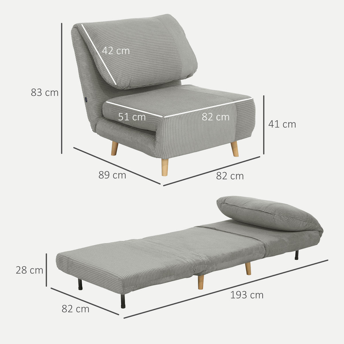 2-IN-1 Schlafsofa Schlafsessel Klappmatratze Gästebett Klappbett Grau - Naturfarben/Grau, Holz/Textil (89/83/82cm) - HOMCOM