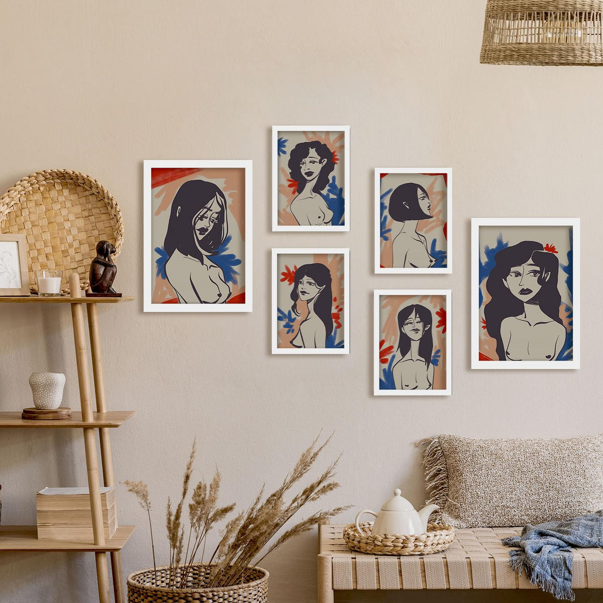 POSTER Set Mit 6 Faszinierende Schönheit In Weibliche Zusammenfassung Ästhetische Dekorative Gemälde Für Ihr Wohnzimmer Zuhause A3 & A4 Weißer Rahmen - Weiß, Papier (29/3cm) - Nacnic