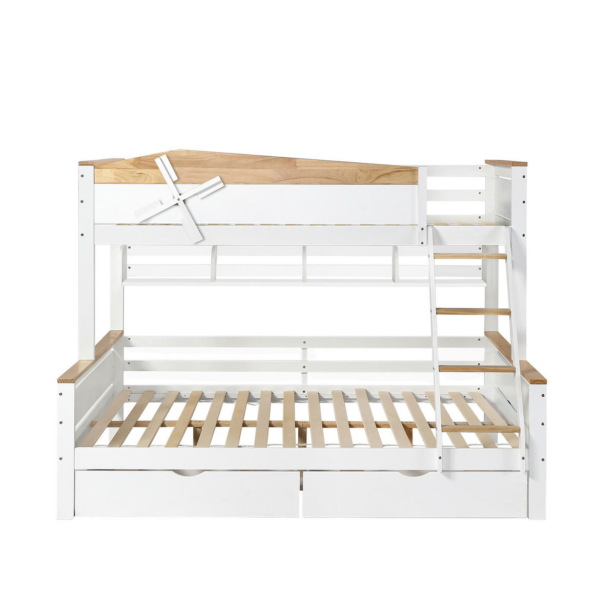 ETAGENBETT 90/200 cm & 140/200 cm mit Regalen, Schubladen und Windmühlen-Design, Weiß/Natur - Weiß, Holzwerkstoff (90/200cm) - Redom