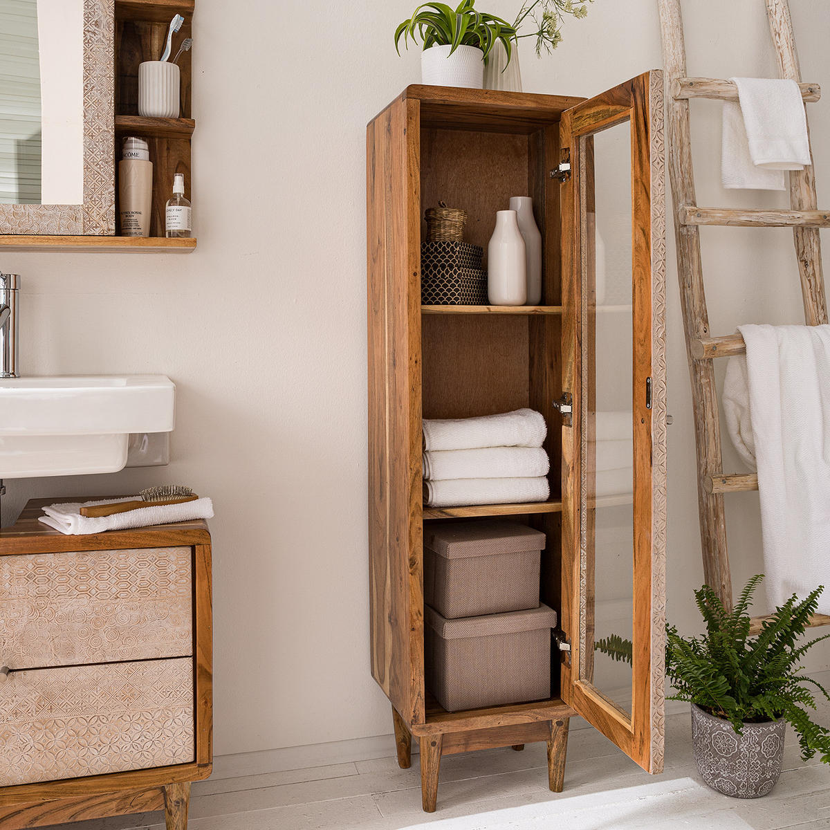 MASSIVER MIDISCHRANK - Akazie massiv - Ecru / Akazie - Akaziefarben, Holz/Metall (38/137/30cm) - home24