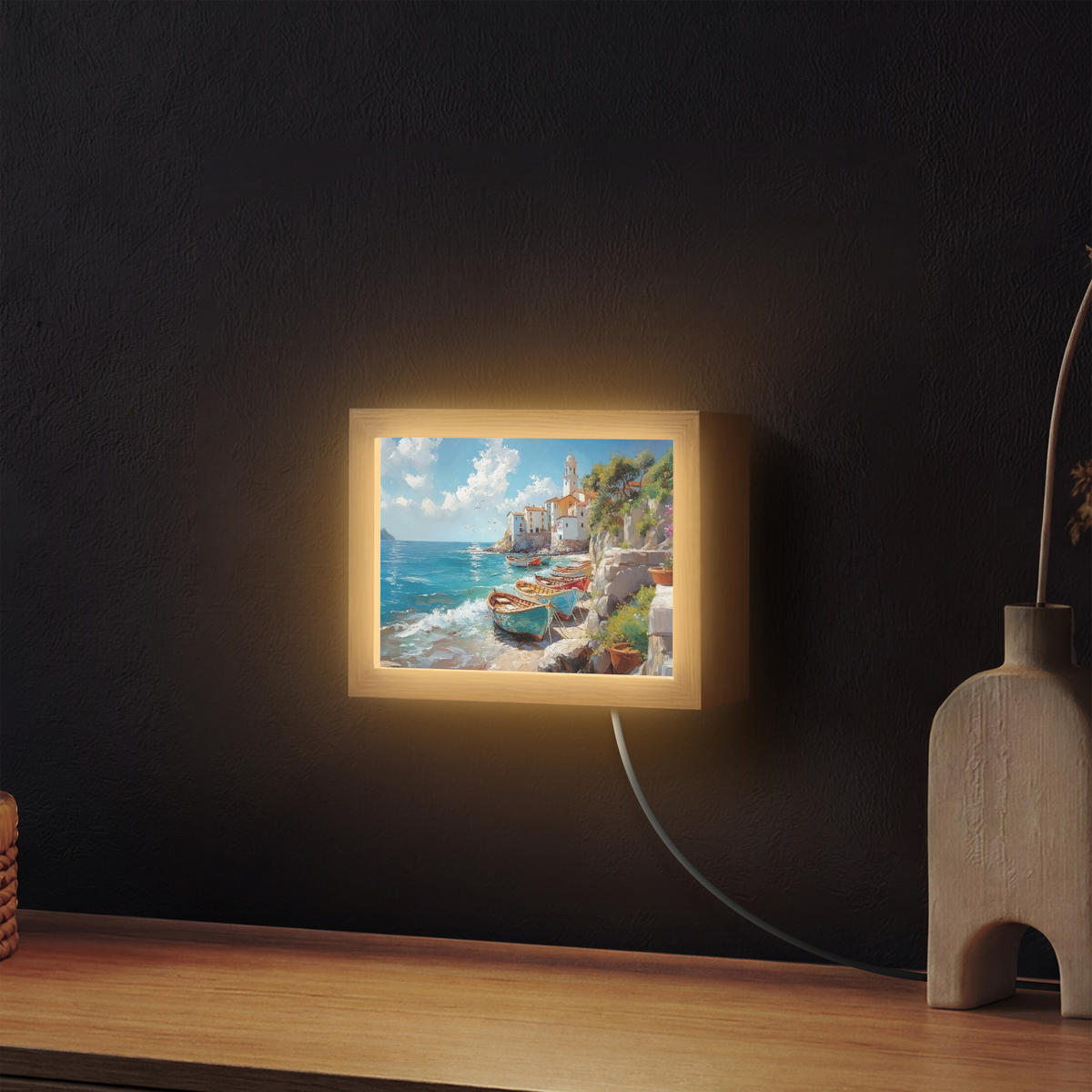 NÁSTĚNNÁ LAMPA Lodě - skály - moře - slunce 20x15 cm - modrá, kompozitní dřevo (20/15/8cm) - OnlyWow