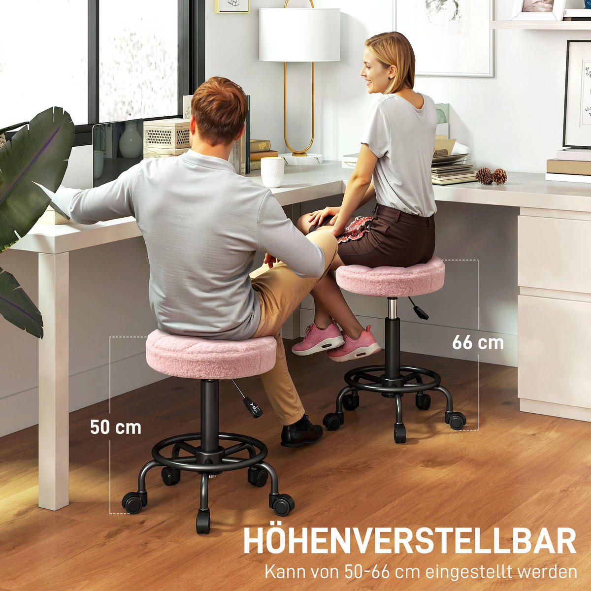 ROLLHOCKER höhenverstellbar Drehhocker 55-66 cm Arbeitshocker 360° drehbar - Rosa, Kunststoff (50/66/50cm) - HOMCOM