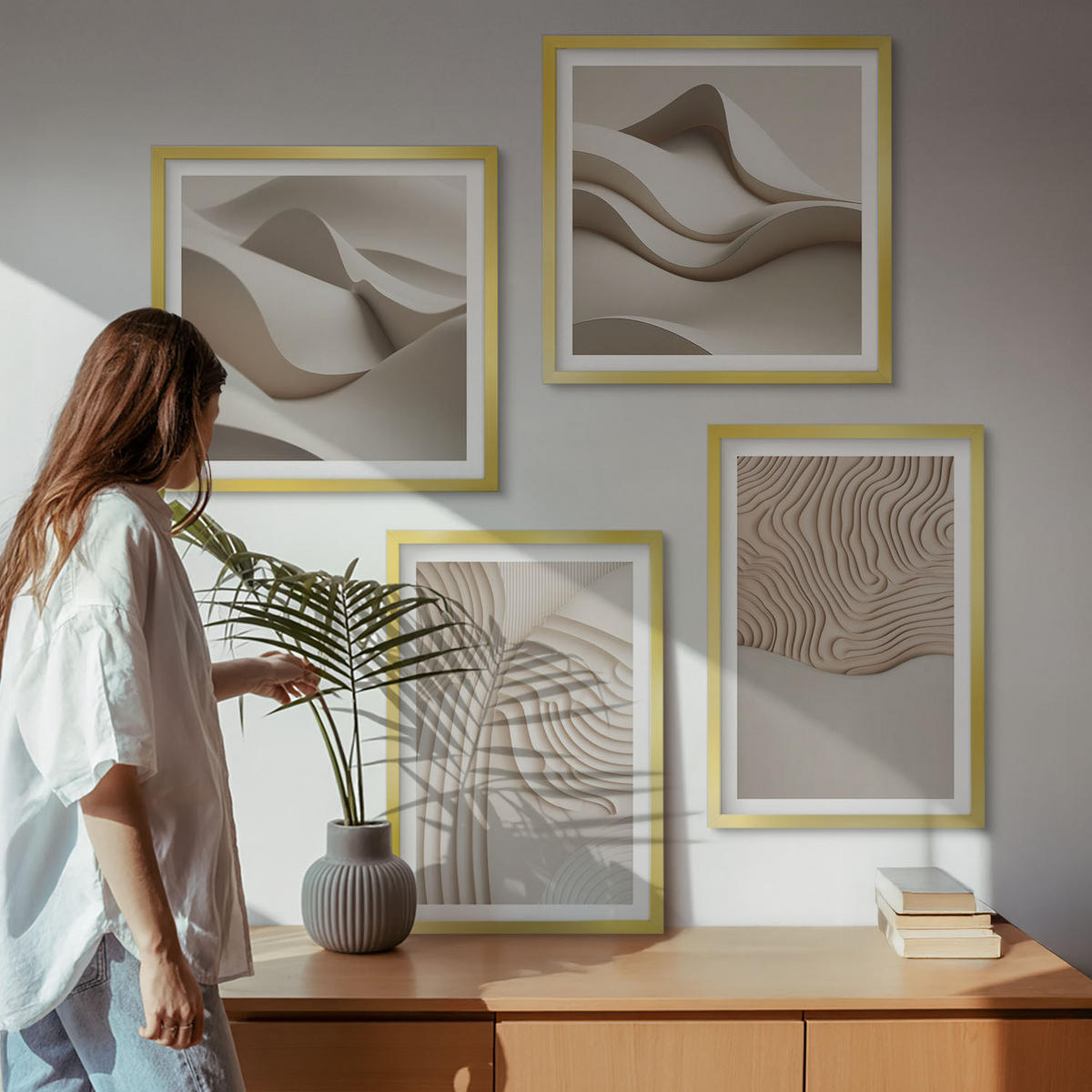 BILDER SET 4er Set - 50x50 cm & 40x60 cm Goldrahmen - Abstrakte Wellen auf dem Sand - Goldfarben, Kunststoff (50/50cm) - TULUP