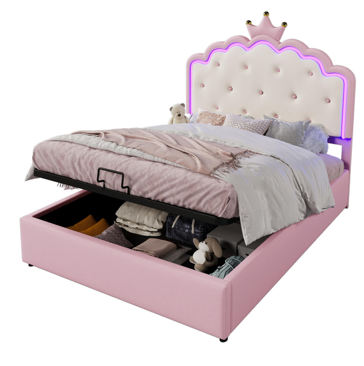 POLSTERBETT 140/200 cm aus PU und MDF mit LED-Beleuchtung und hydraulischem Stauraum Rosa - Pink, Kunststoff (140/200cm) - Modenvie