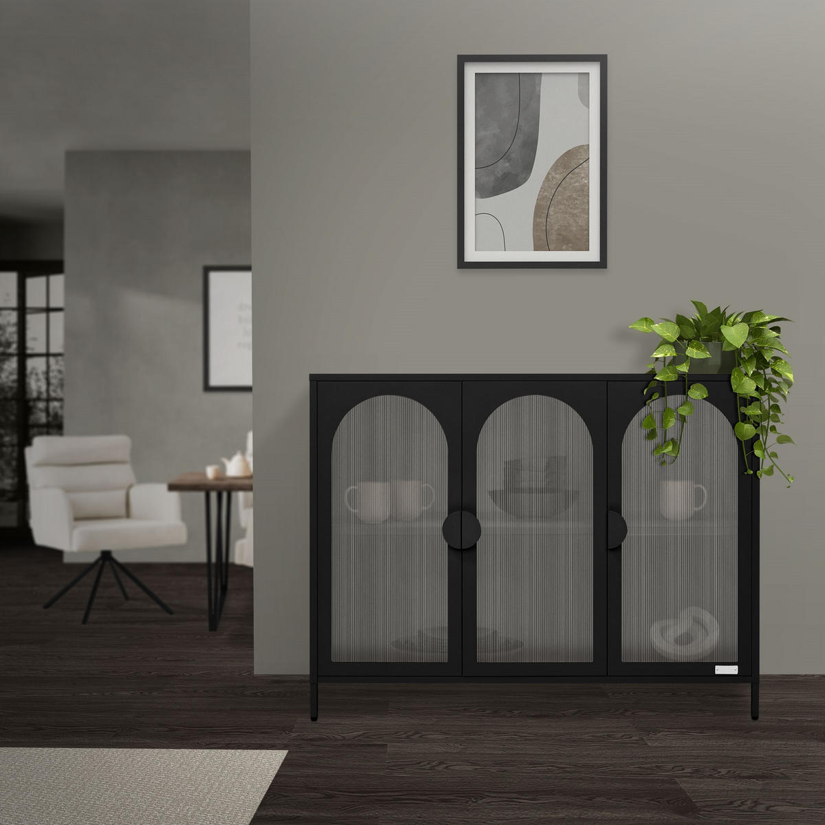 VITRINENSCHRANK aus Stahl 120x93x40 cm Schwarz mit 3 Türen - Schwarz, Metall (120/93/40cm) - ML-DESIGN