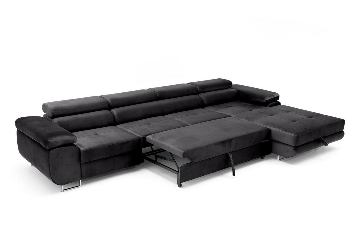 ECKSOFA ALONZO MAXI Rechts mit Schlaffunktion 125x195 Velours Schwarz - Silberfarben/Schwarz, Holz/Textil (203/350cm) - Muffo