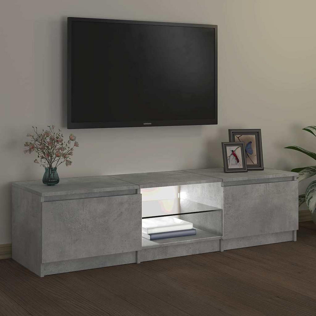 LOWBOARD mit LED und 2 Türen, 140/40/60cm, aus Holzwerkstoff, in Betongrau - Hellgrau/Grau, Holz (40/36/140cm) - vidaXL