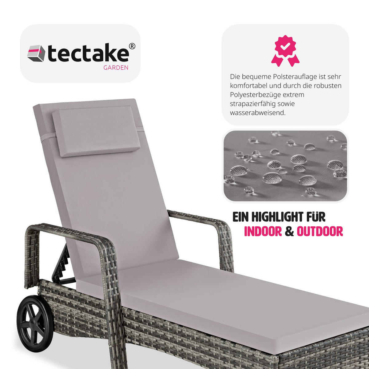 RATTAN-SONNENLIEGE Cassis,196 x 72 x 57 - 94,5 cm,grau - Grau, Kunststoff (72/94.5/196cm) - tectake