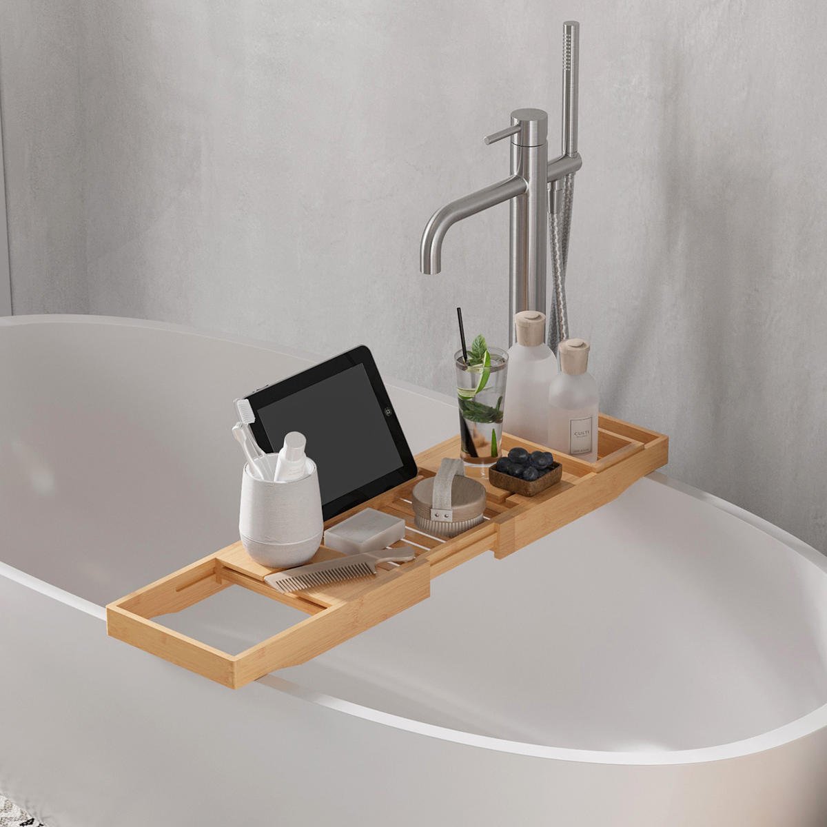 BADEWANNENABLAGE Badewannenbrücke Wannenauflage Tablett Bambus Sekthalter - Naturfarben, Holz (218/5/105cm) - HOMCOM