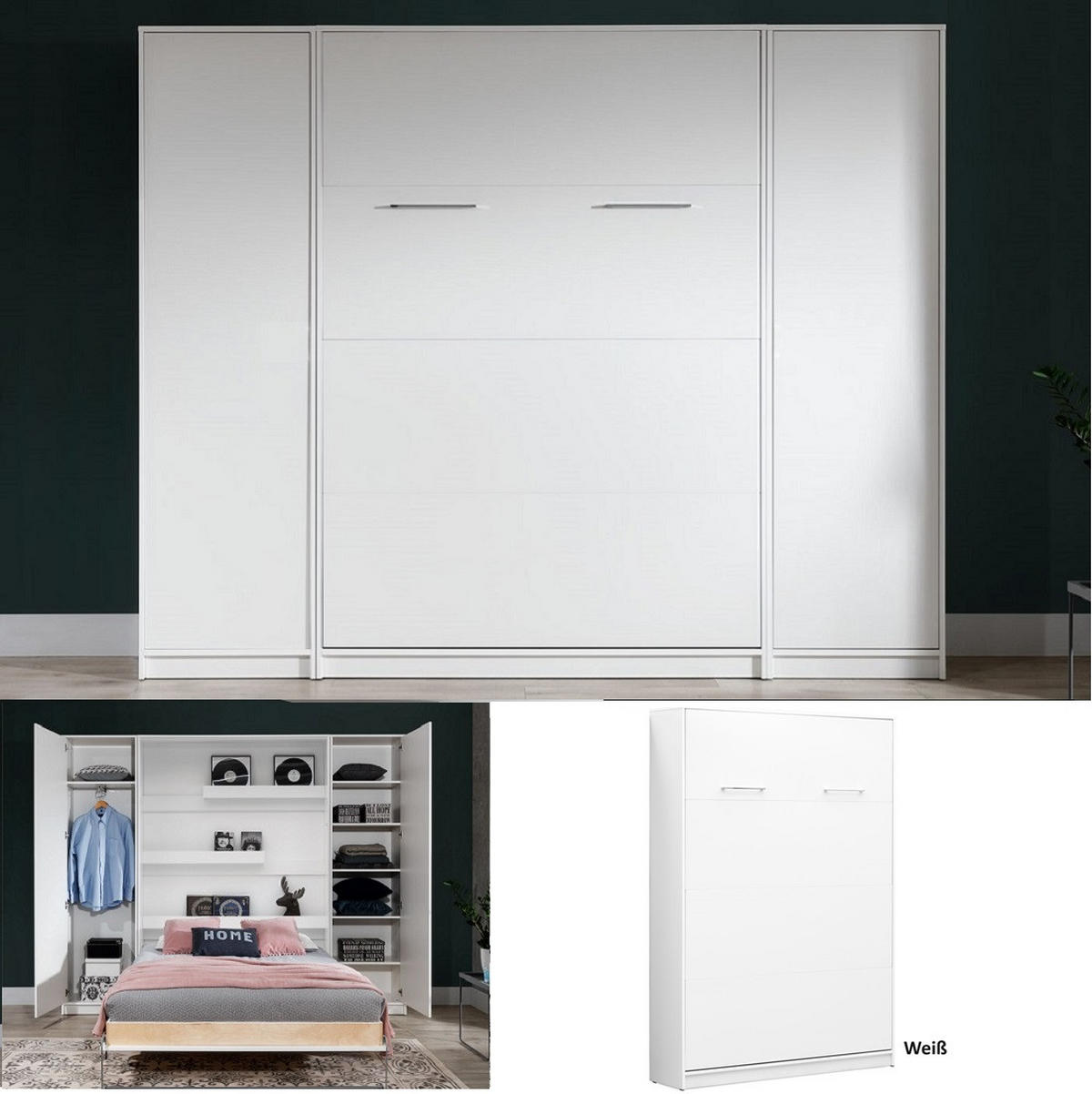SCHRANKBETT Wandklappbett vetikal VB140x200 mit 2 Schränken - 3-tlg. - Weiß-Matt - Weiß, Holzwerkstoff (140/200cm) - QMM TraumMöbel