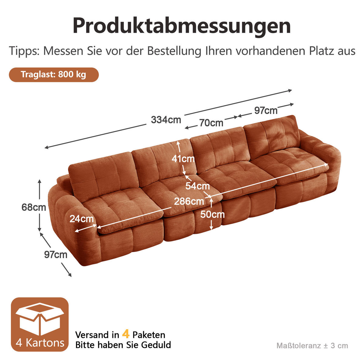 4-SITZER-SOFA, minimalistisch, Chenille-Orange - Orange, Textil (97/68/334cm) - KOMHTOM
