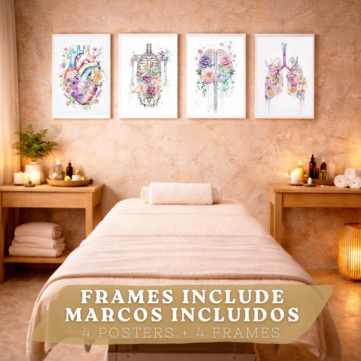 POSTER Set aus 4 Anatomie Mensch Drucke und mit Herz Gehirn Lungen Luftröhre Bronchien Wirbelsäule Florales Aquarell Design Größe Weißer Rahmen A3 - Weiß, Papier (29.7/42/3cm) - Nacnic